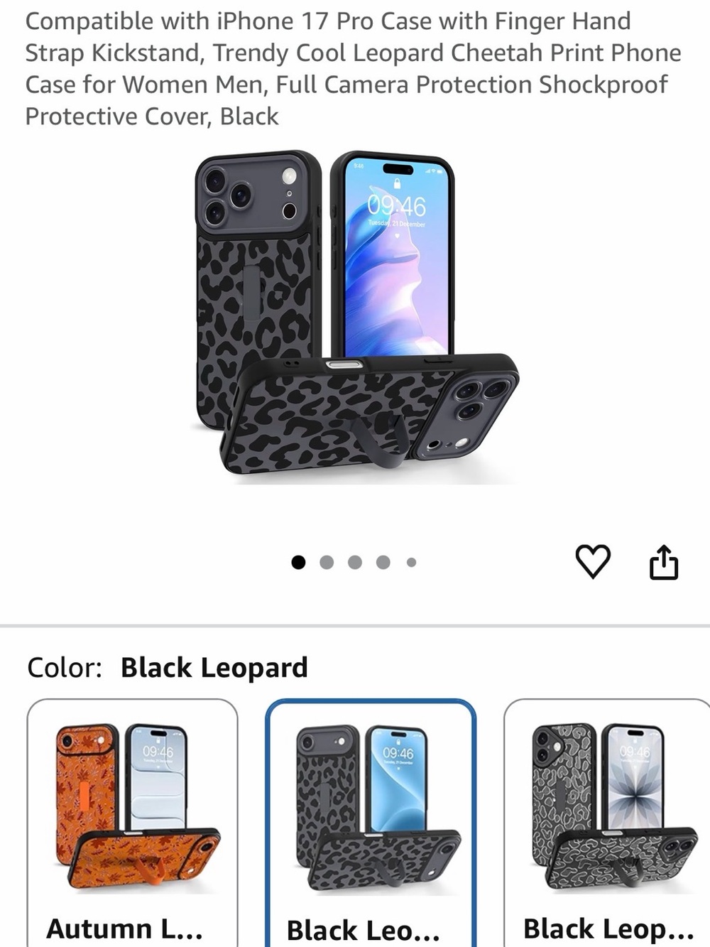 iPhone 17 Black Leopard Print Phone Case with Built-In Kickstand - Picture 4 of 7